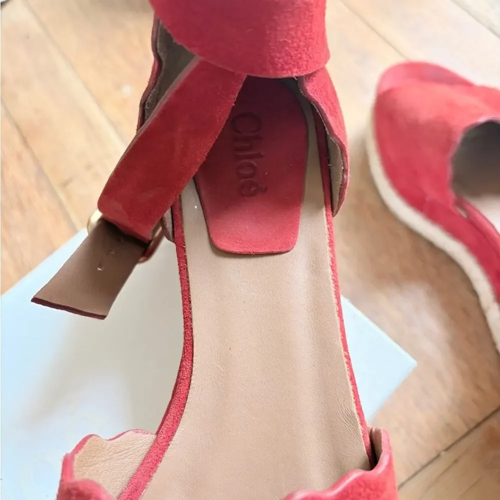 Chloe Lauren Red Suede Scalloped Espadrille Wedge Sandals Size 37